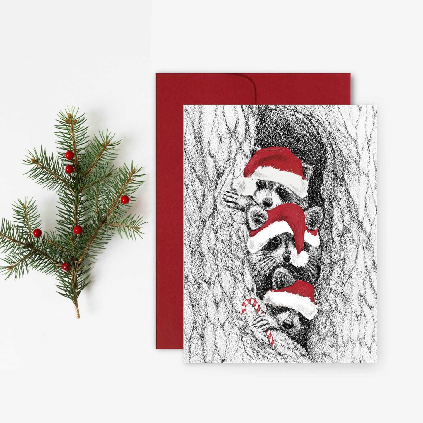 LE NID atelier - 3 Raccoons in a tree with red hats - Christmas greeting card