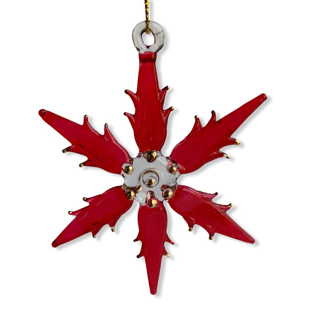 Blown Glass Ornament, Snow Flake, Red