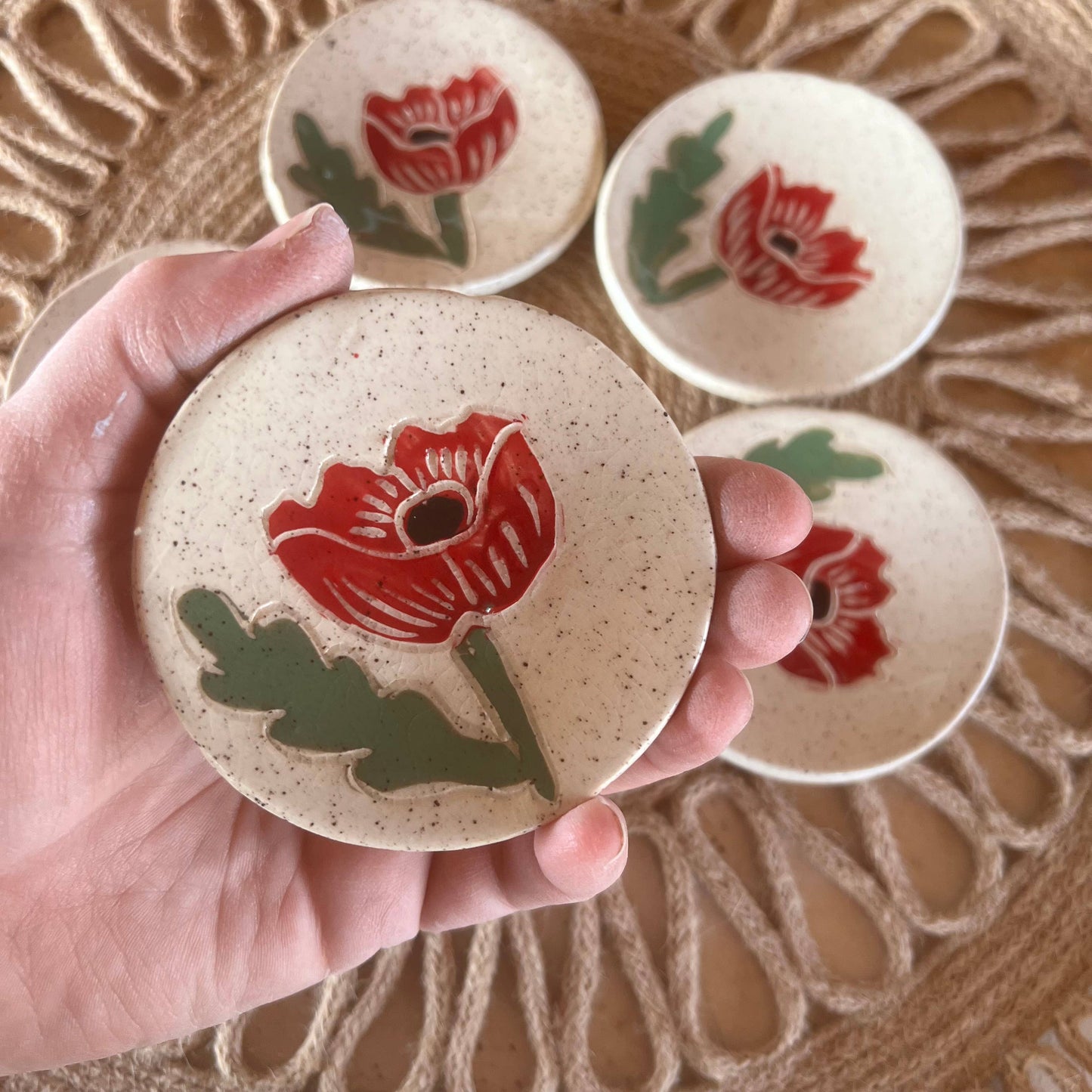 Tough Kitty Designs - Red Poppy Sgraffito Tea Rest - 3" dish