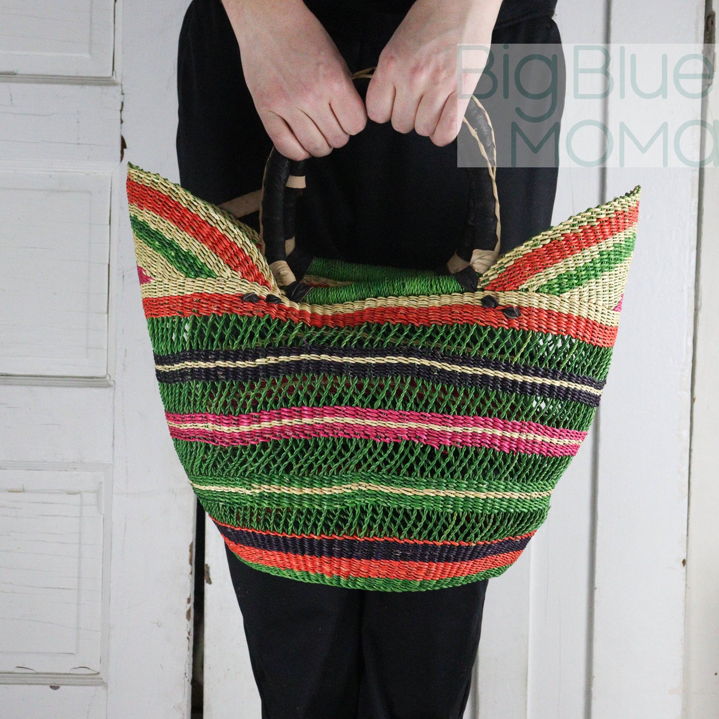 Big Blue Moma - Bolga Basket - Large U Shopper  - Traditional Palette