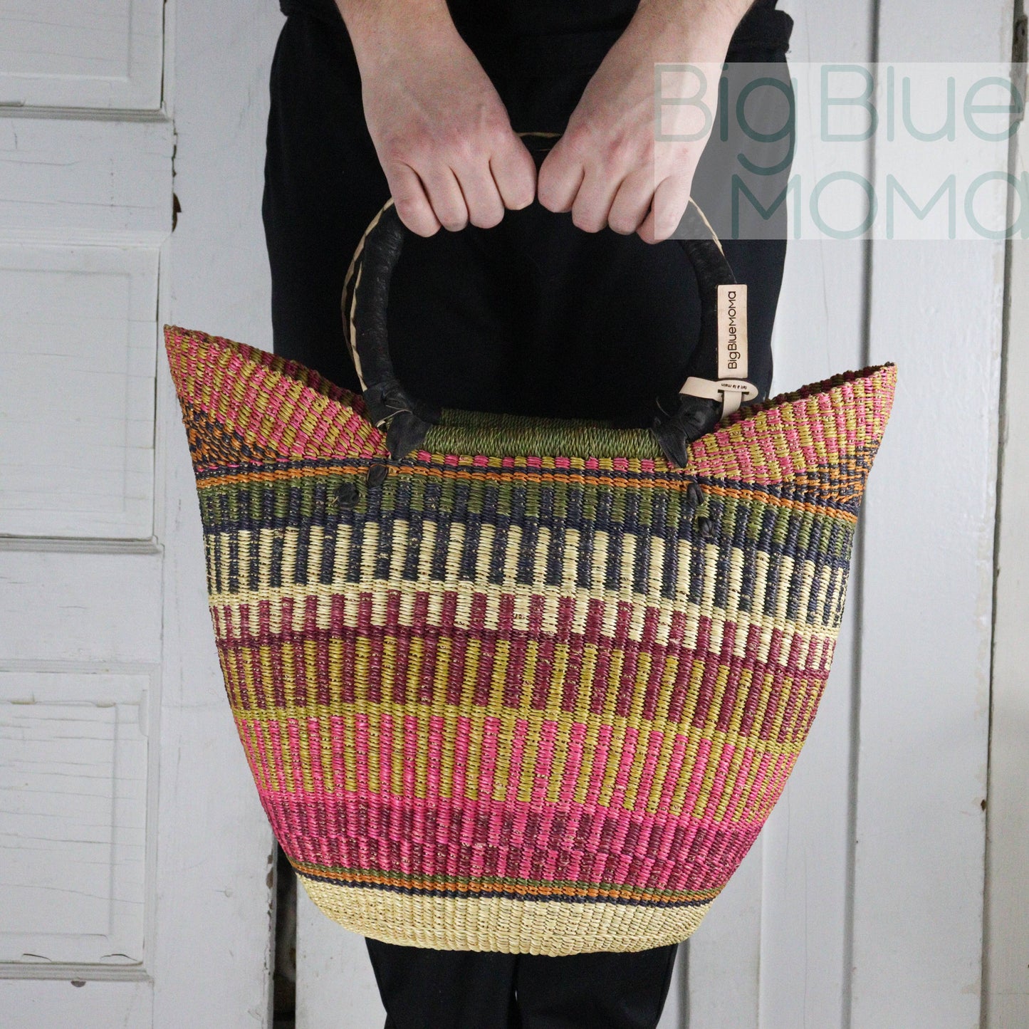 Big Blue Moma - Bolga Basket - Large U Shopper  - Traditional Palette