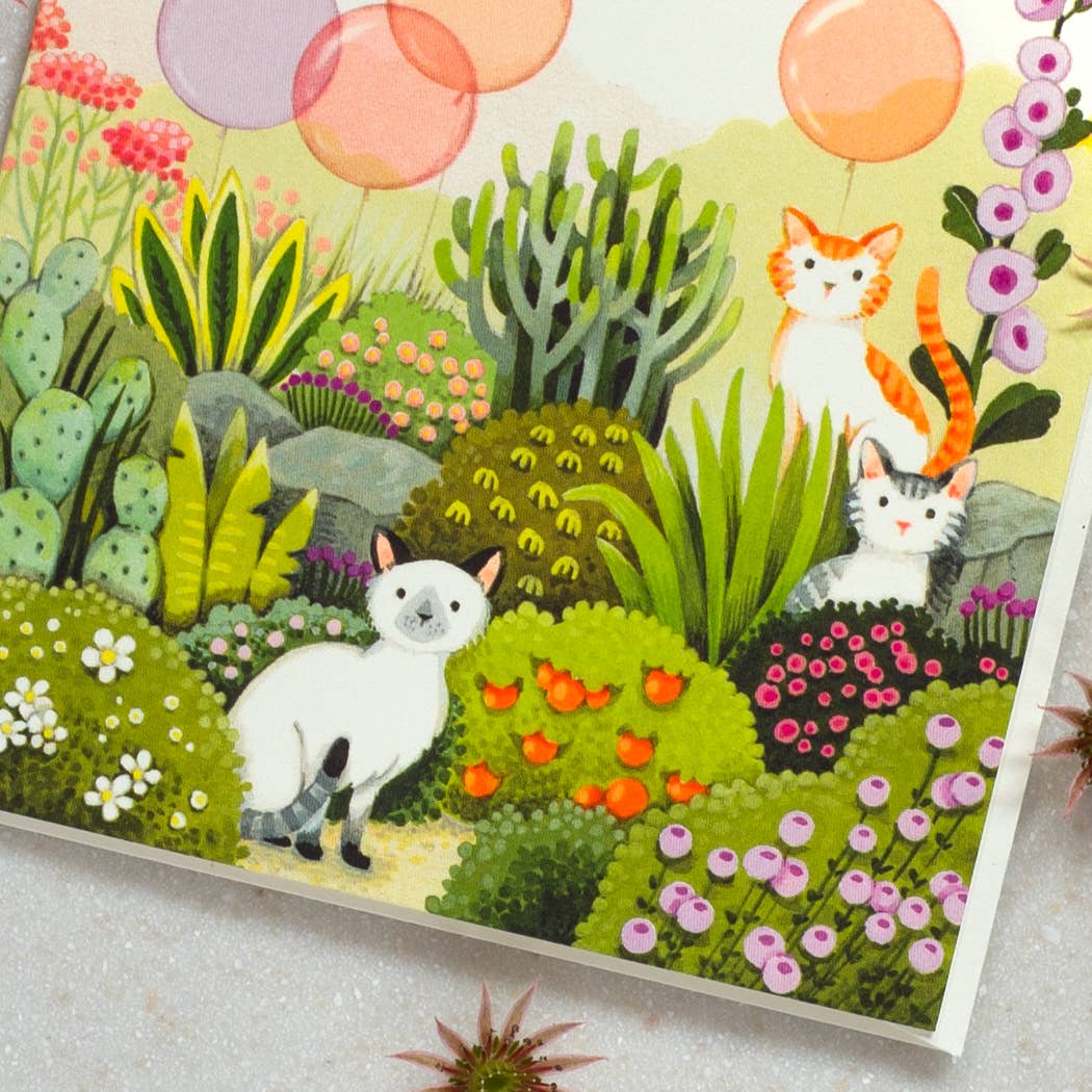 JooJoo Paper - Cats in Garden Birthday Greeting Card