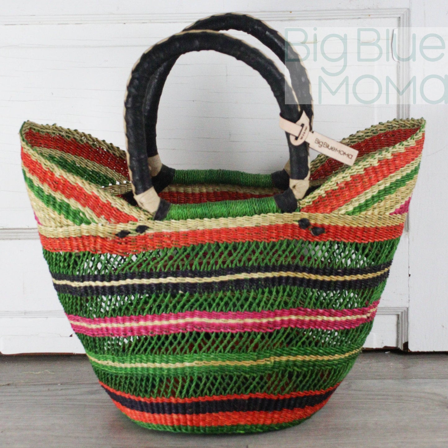 Big Blue Moma - Bolga Basket - Large U Shopper  - Traditional Palette