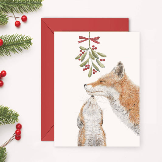 LE NID atelier - Mama Fox with baby under mistletoe - Christmas Greeting Card