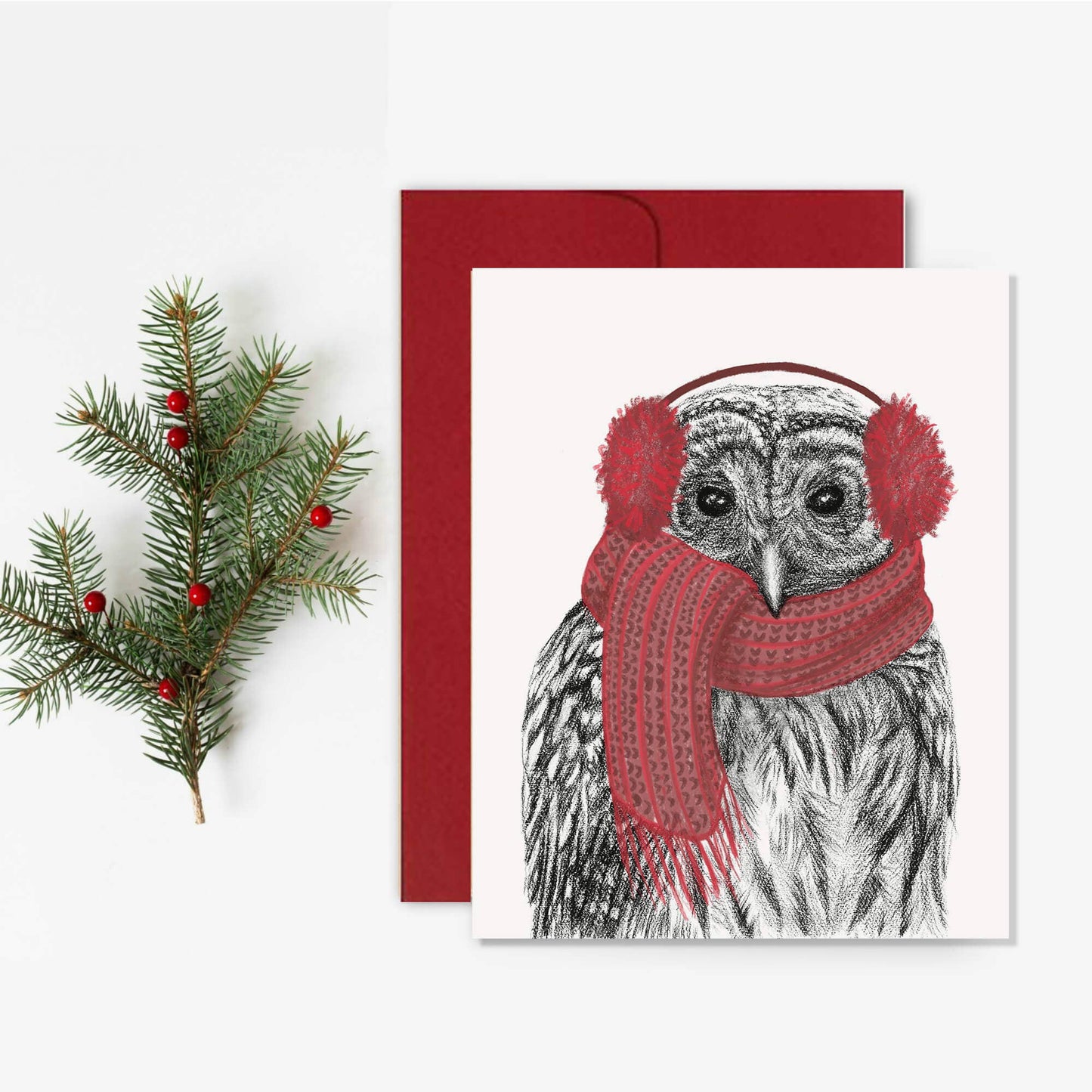 LE NID atelier - Barred Owl with scarf and ear muffs - Christmas greeting card
