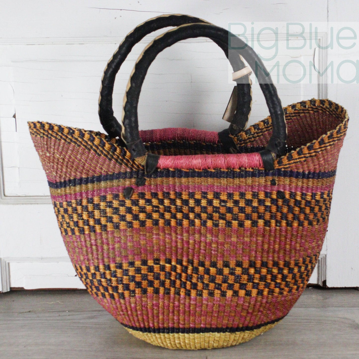 Big Blue Moma - Bolga Basket - Large U Shopper  - Traditional Palette