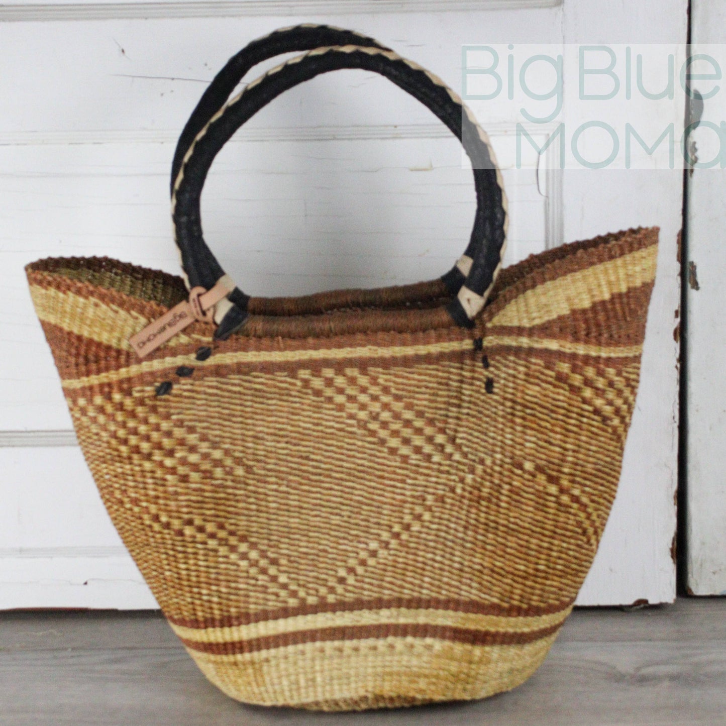 Big Blue Moma - Bolga Basket - Large U Shopper  - Traditional Palette