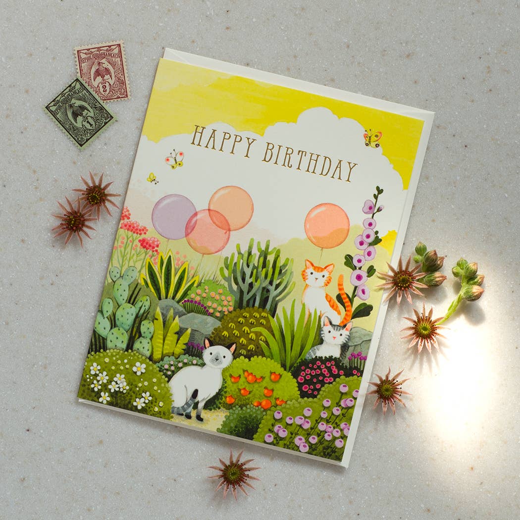 JooJoo Paper - Cats in Garden Birthday Greeting Card