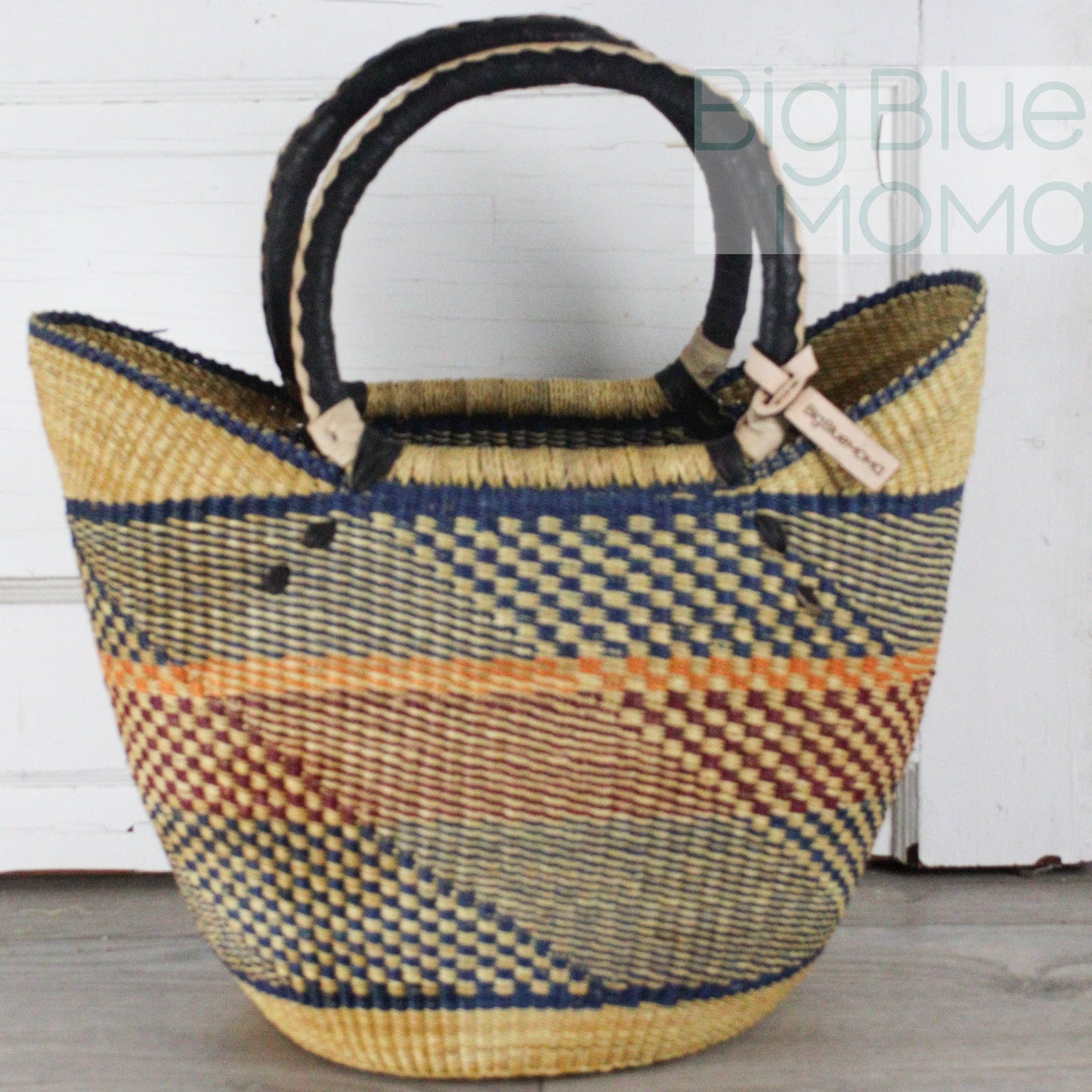Big Blue Moma - Bolga Basket - Large U Shopper  - Traditional Palette