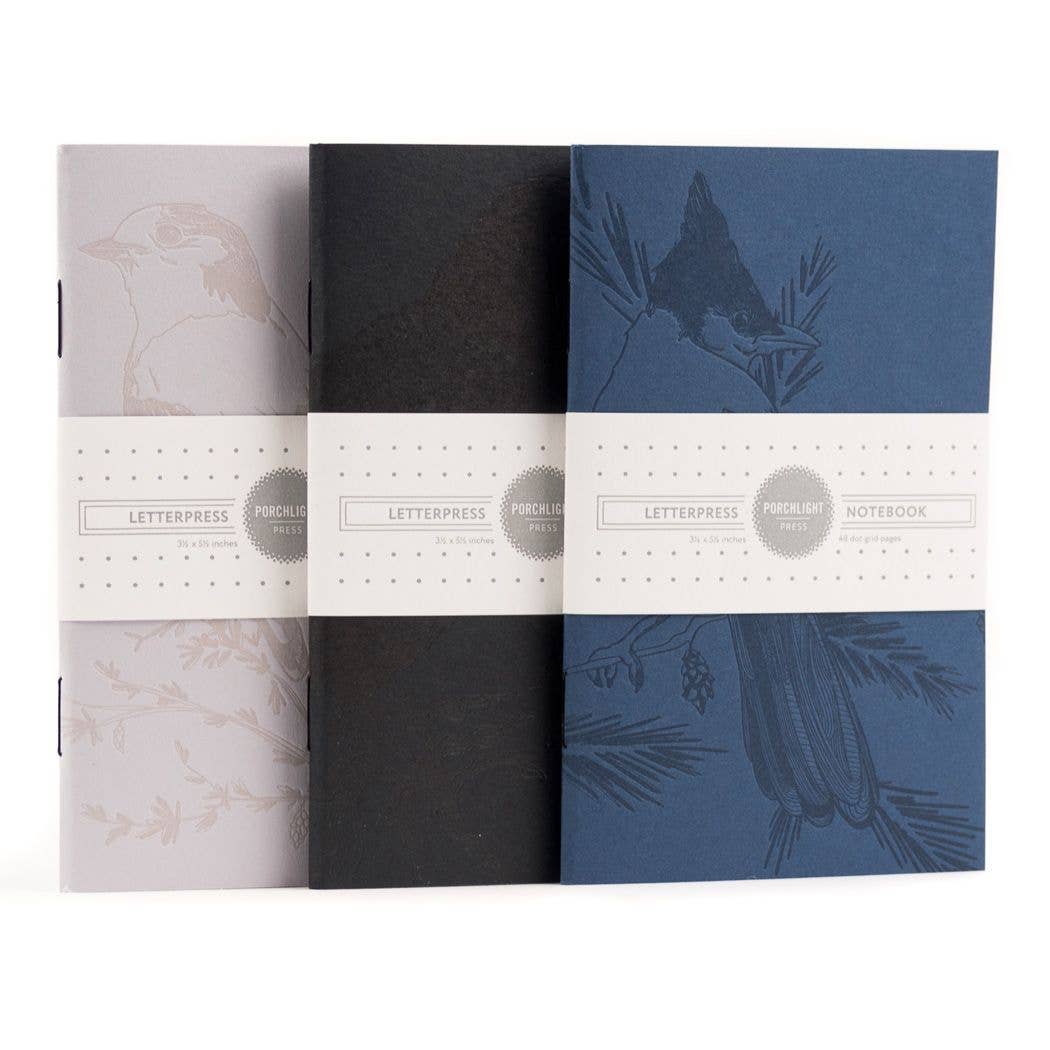 Letterpress - Monochromatic Birds - Pocket size Set of 3 Notebook: Plain Pages