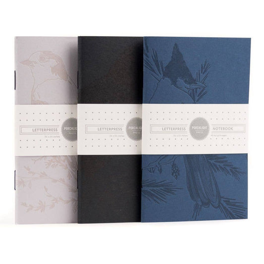 Letterpress - Monochromatic Birds - Pocket size Set of 3 Notebook: Plain Pages