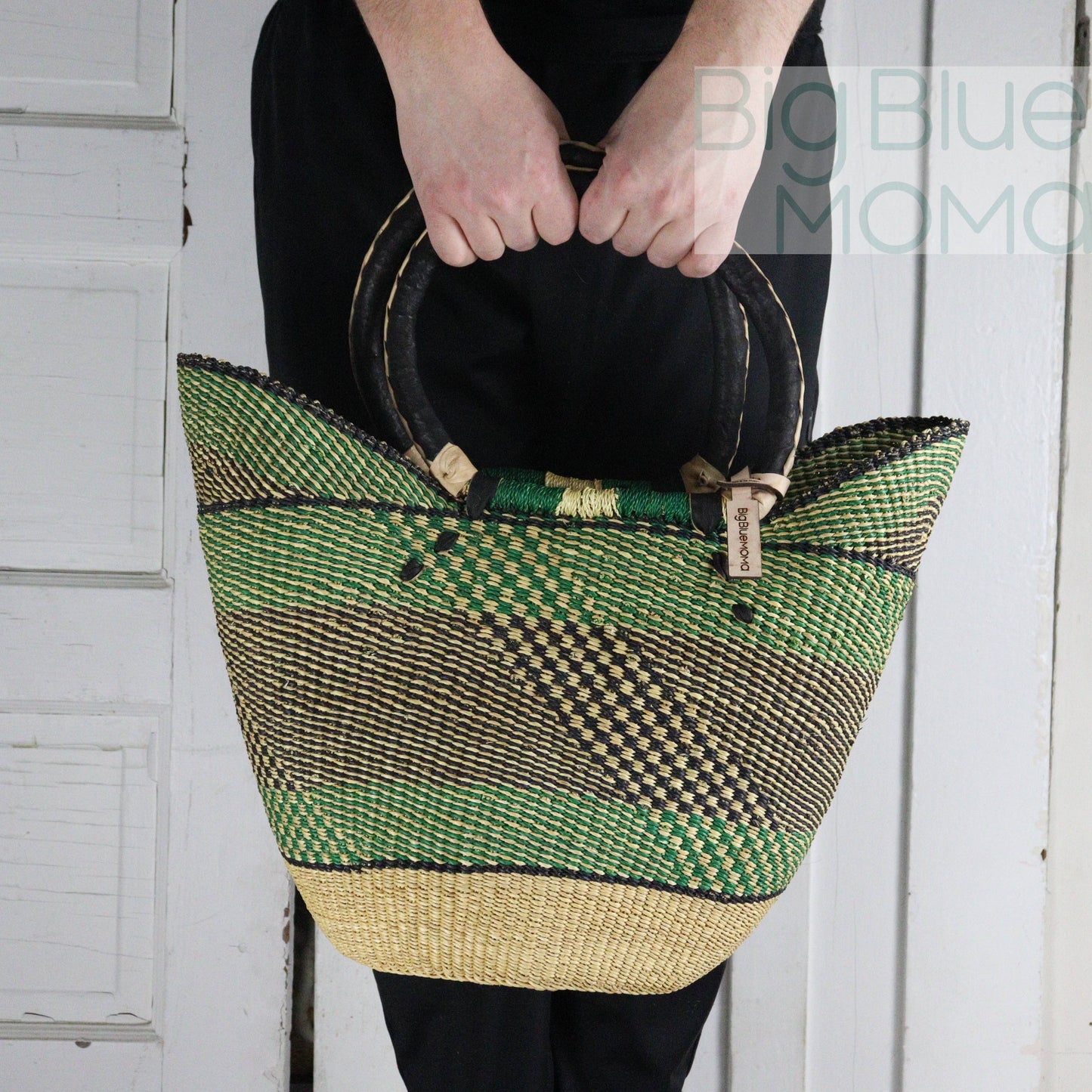 Big Blue Moma - Bolga Basket - Large U Shopper  - Traditional Palette