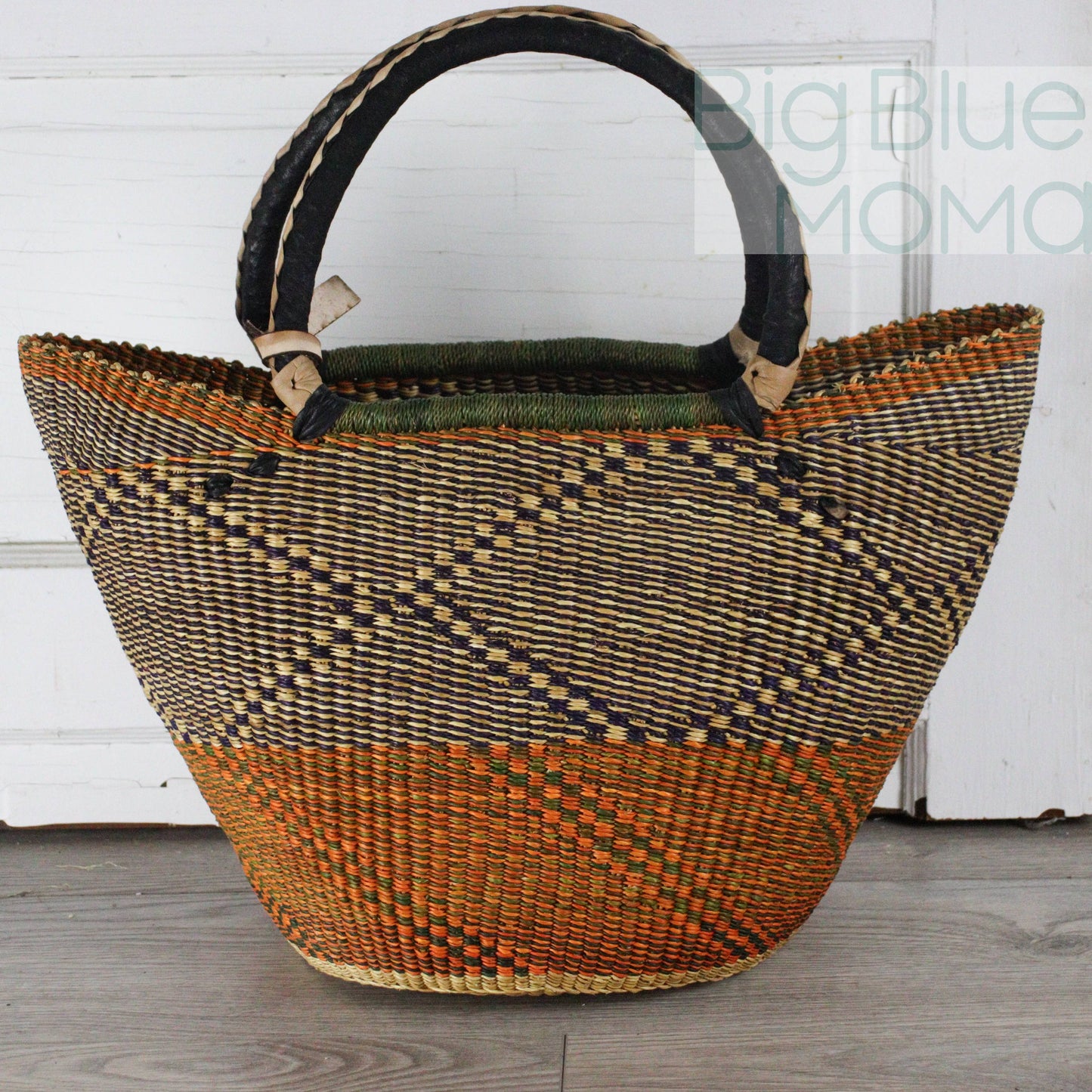 Big Blue Moma - Bolga Basket - Large U Shopper  - Traditional Palette