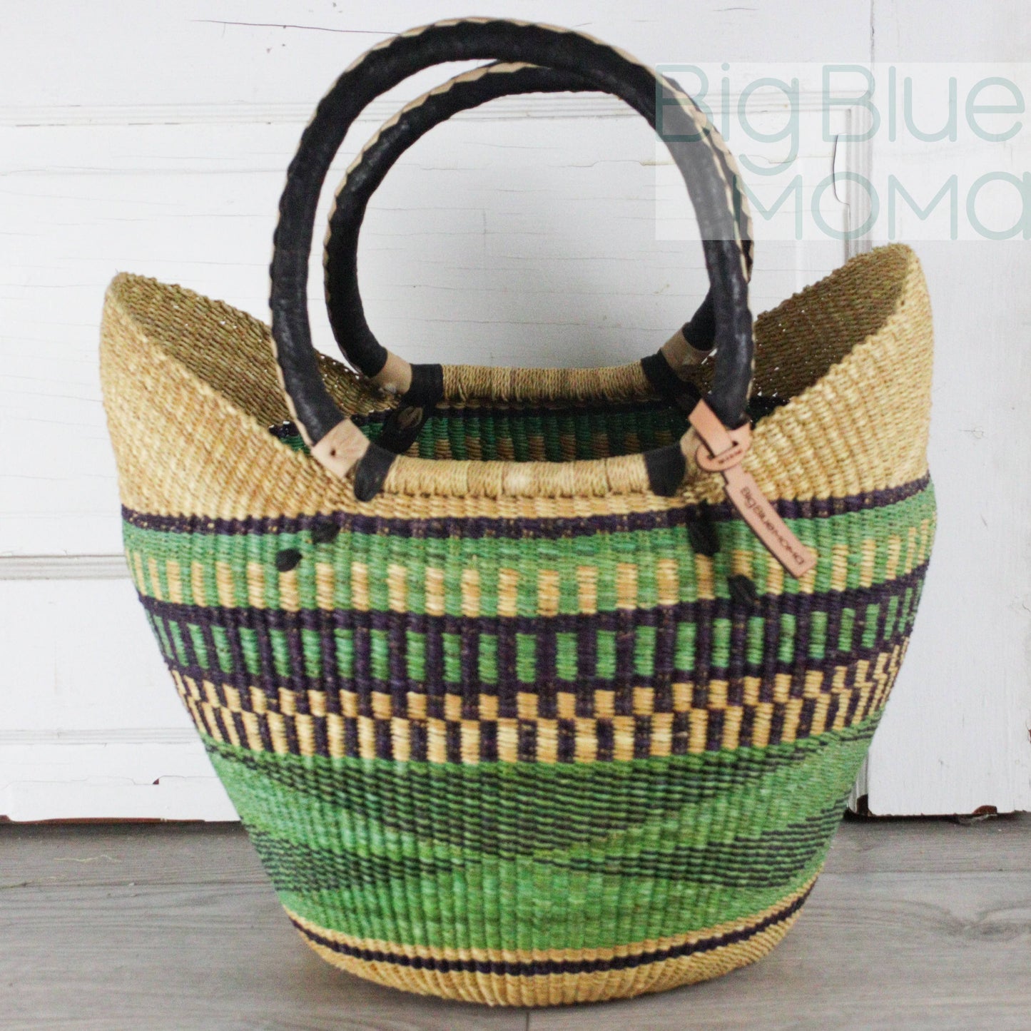 Big Blue Moma - Bolga Basket - Large U Shopper  - Traditional Palette