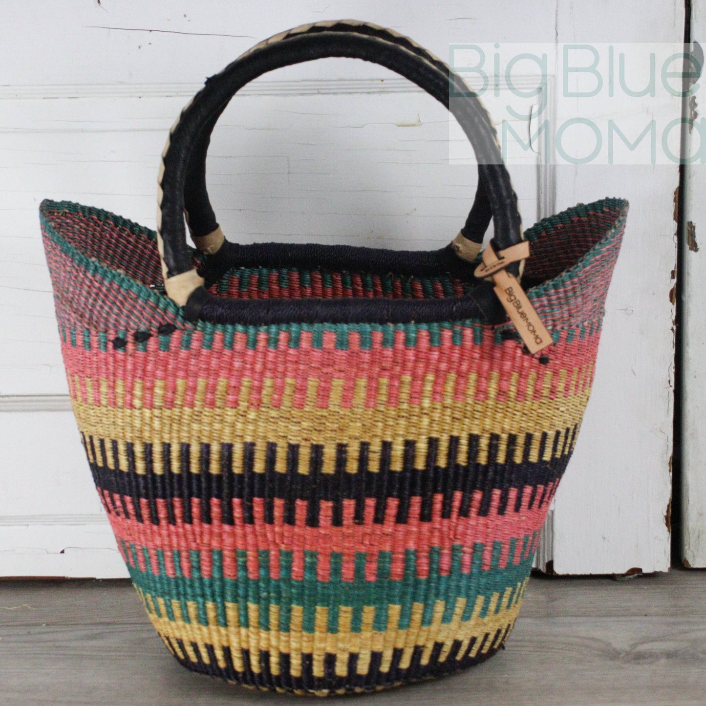 Big Blue Moma - Bolga Basket - Large U Shopper  - Traditional Palette