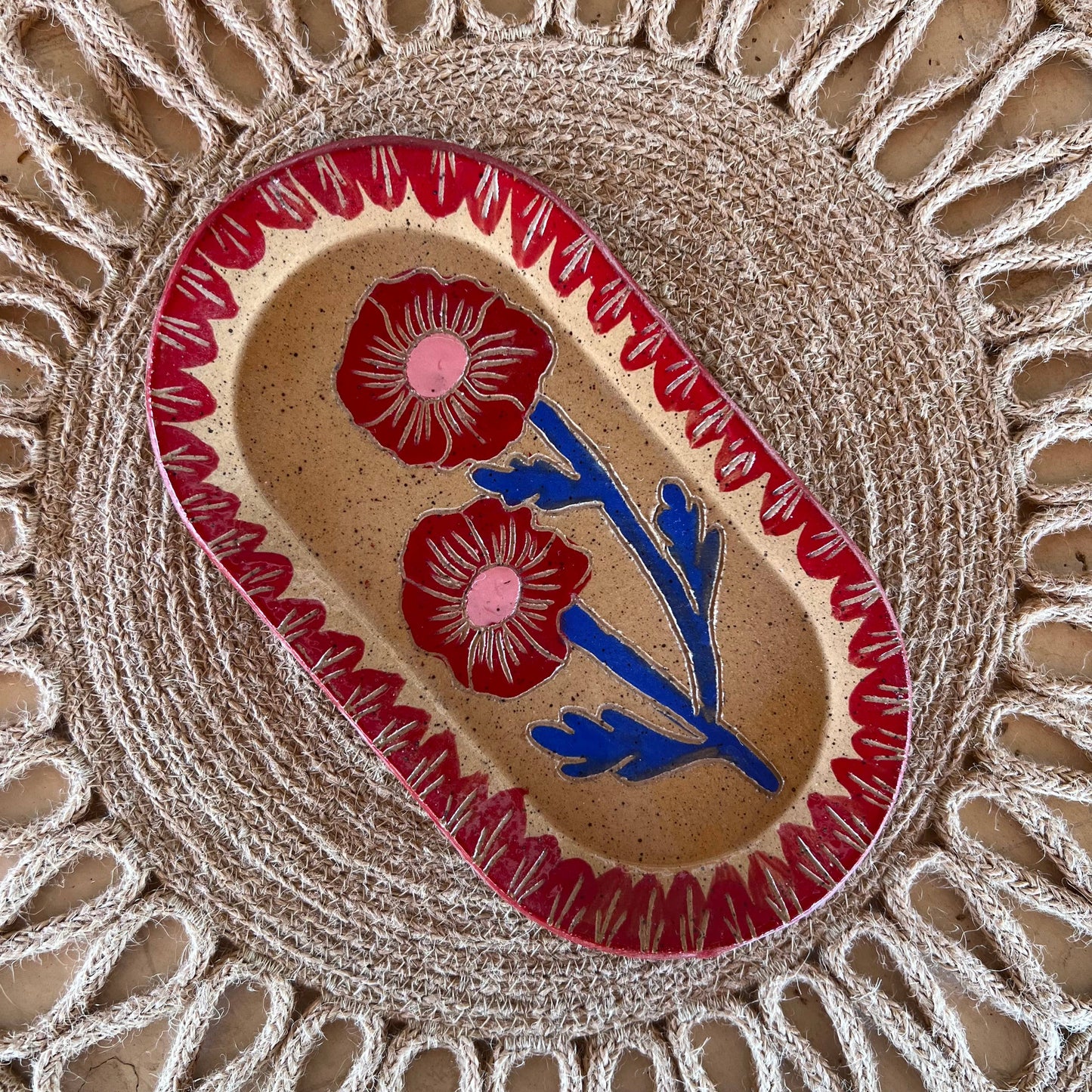 Tough Kitty Designs - Red & Blue Blossom Sgraffito Dish