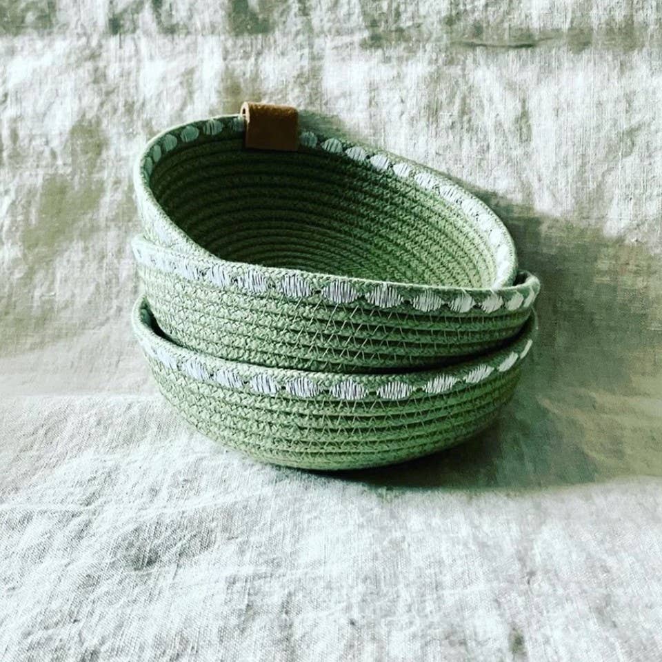 Sage Trinket Rope Bowl with Decorative Stitching