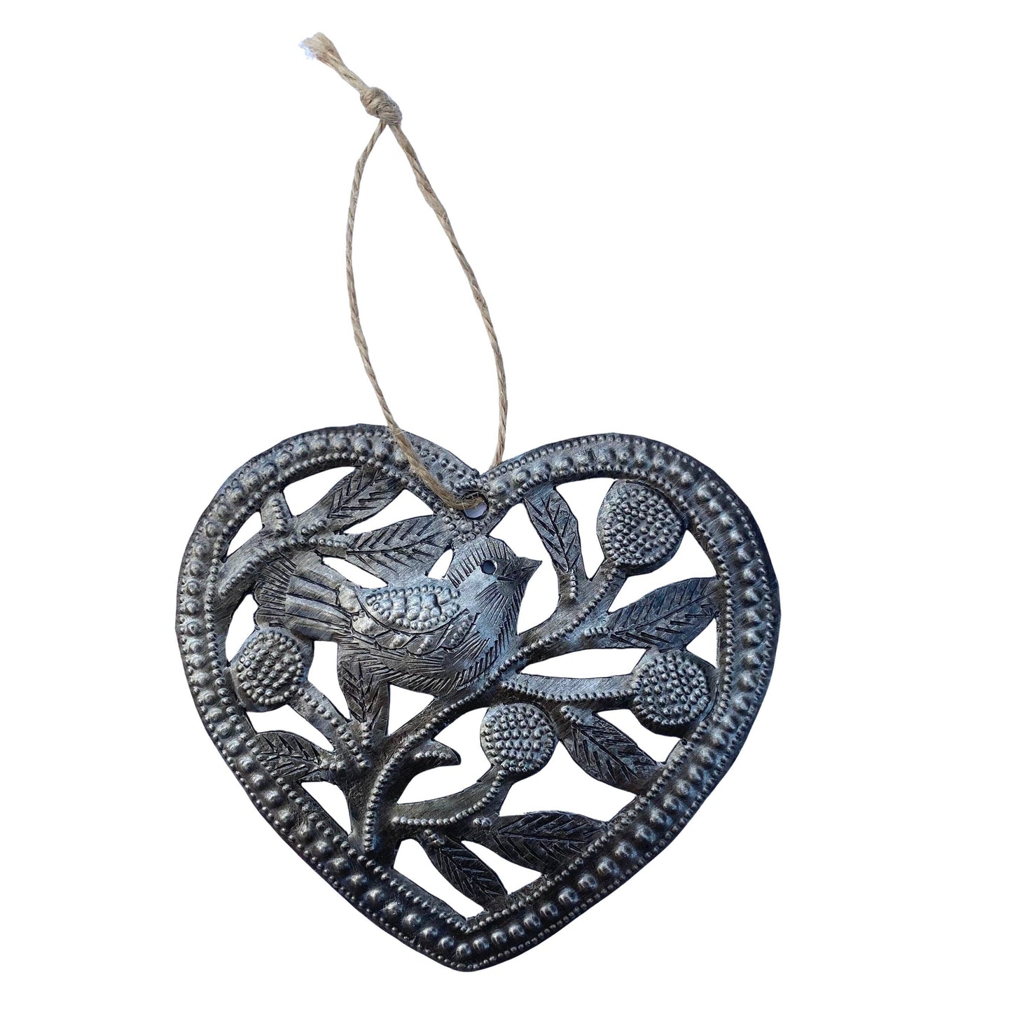 Haiti Fair Trade~ It's Cactus - Heart Shaped Bird in Branch Ornament, Metal Art Haiti 4.5"