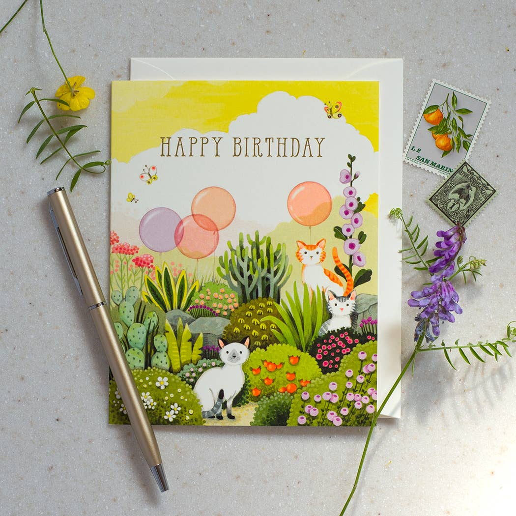 JooJoo Paper - Cats in Garden Birthday Greeting Card