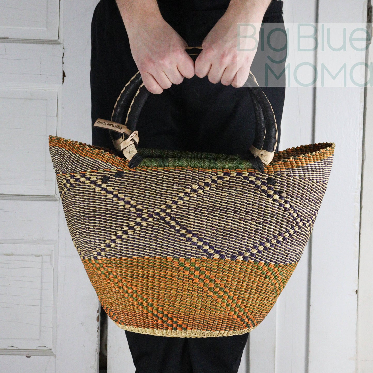 Big Blue Moma - Bolga Basket - Large U Shopper  - Traditional Palette