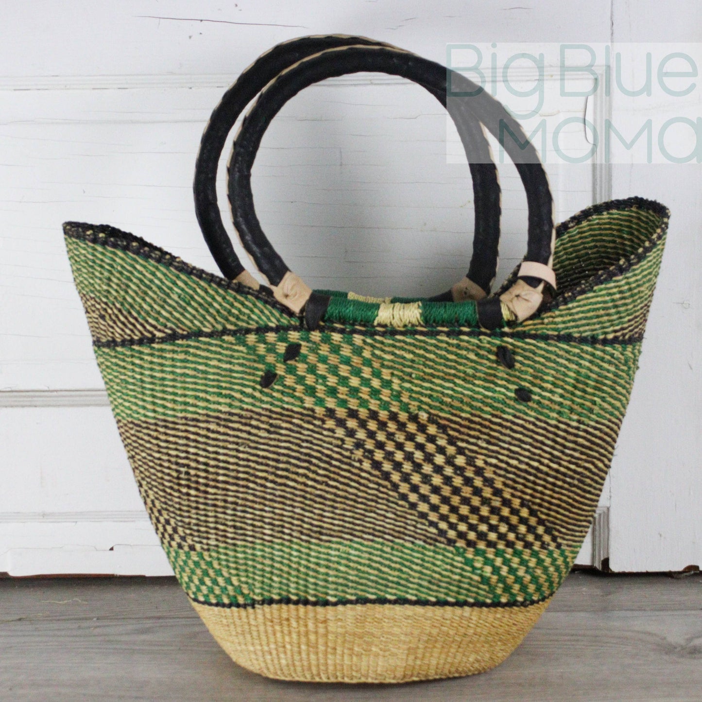 Big Blue Moma - Bolga Basket - Large U Shopper  - Traditional Palette