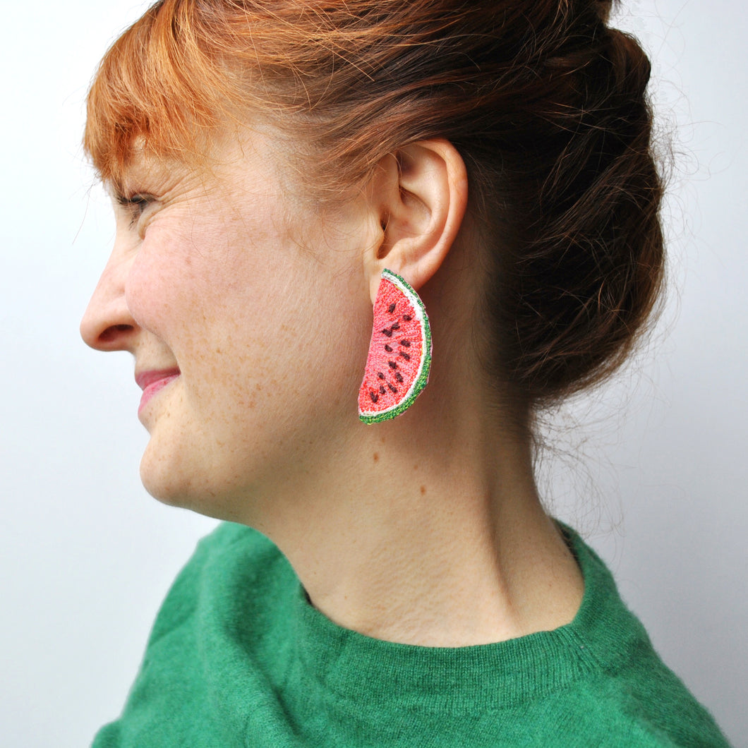 Embroidered Watermelon Earrings