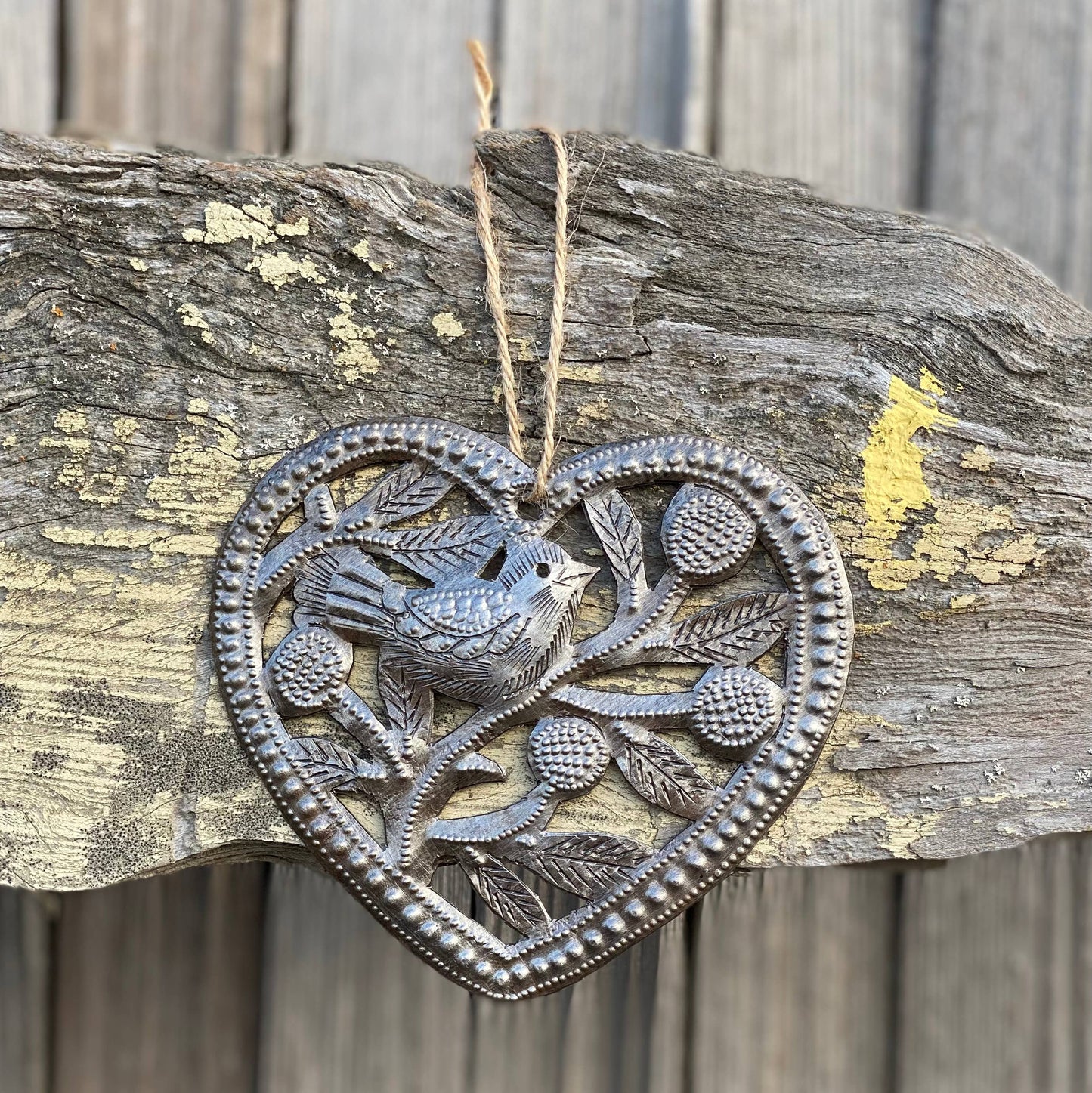 Haiti Fair Trade~ It's Cactus - Heart Shaped Bird in Branch Ornament, Metal Art Haiti 4.5"