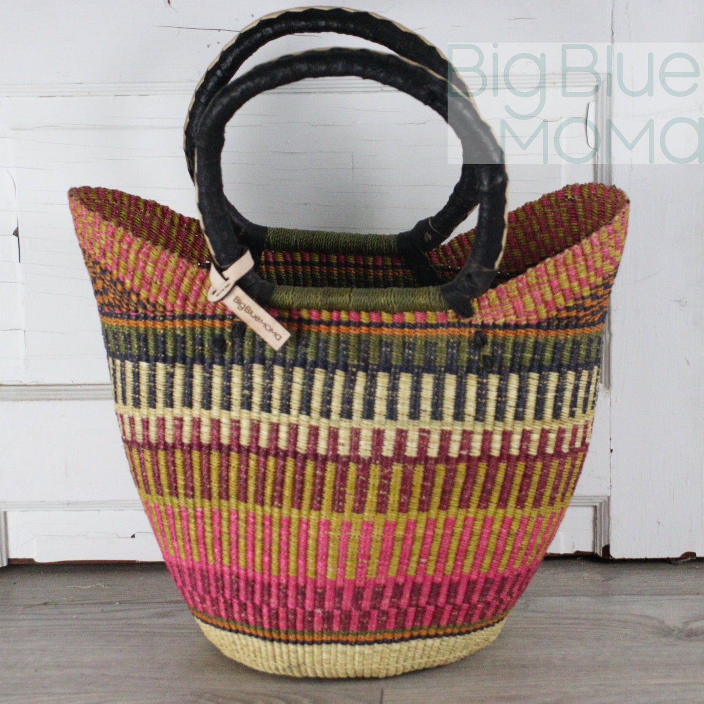 Big Blue Moma - Bolga Basket - Large U Shopper  - Traditional Palette