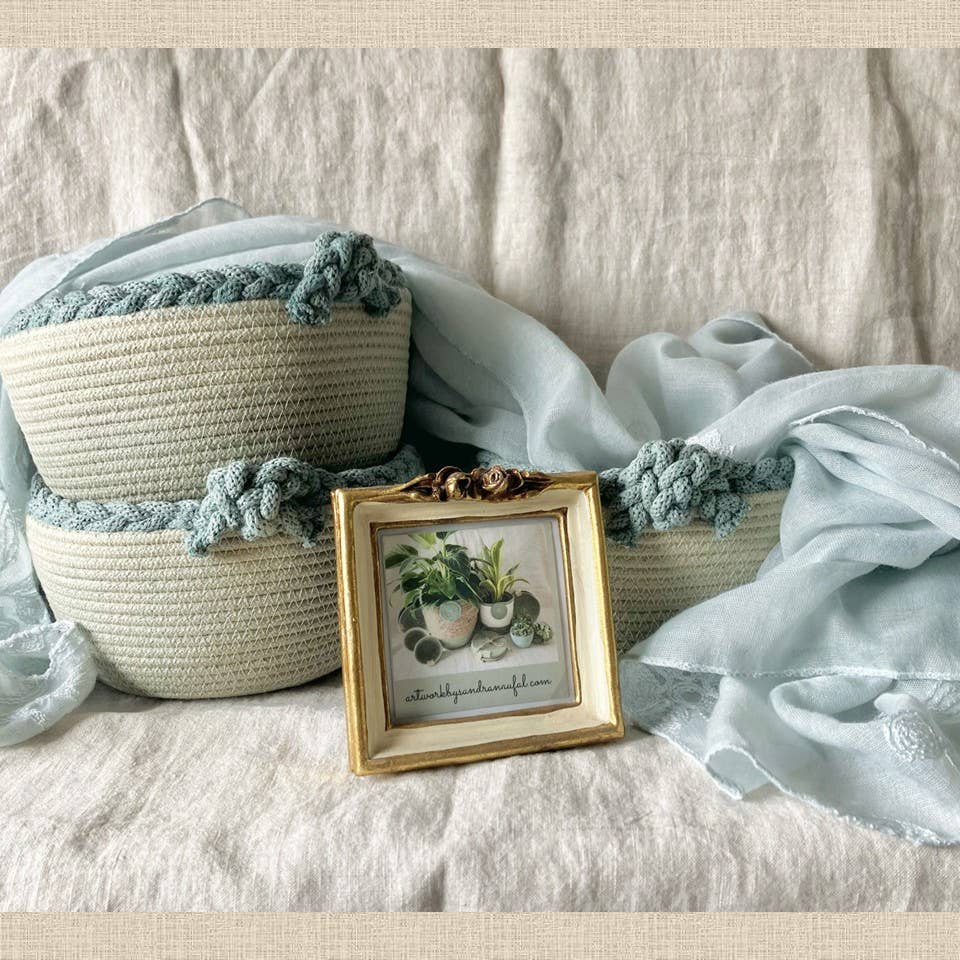 Sage Hand Dyed Rope Bowl with Braided Trim