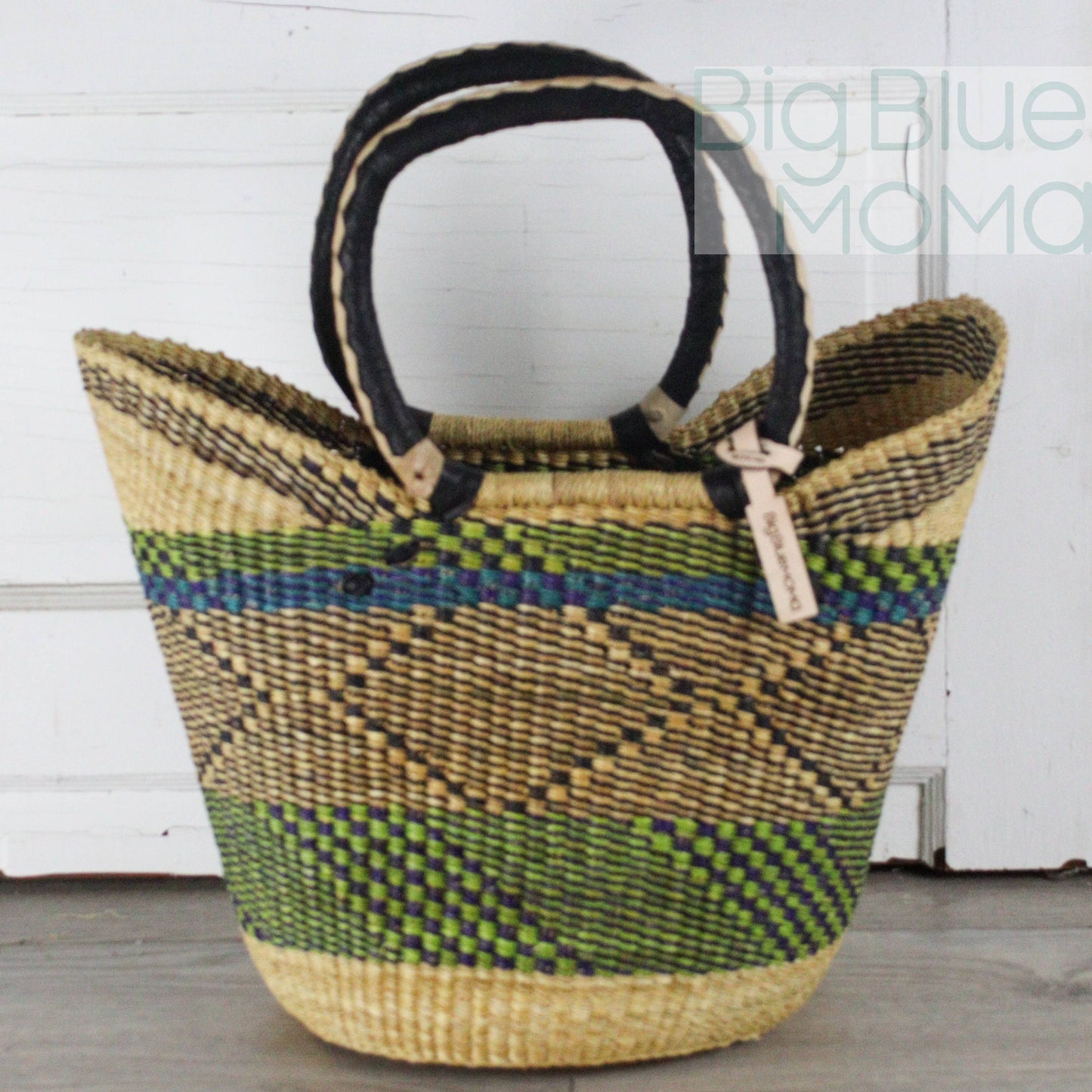 Big Blue Moma - Bolga Basket - Large U Shopper  - Traditional Palette