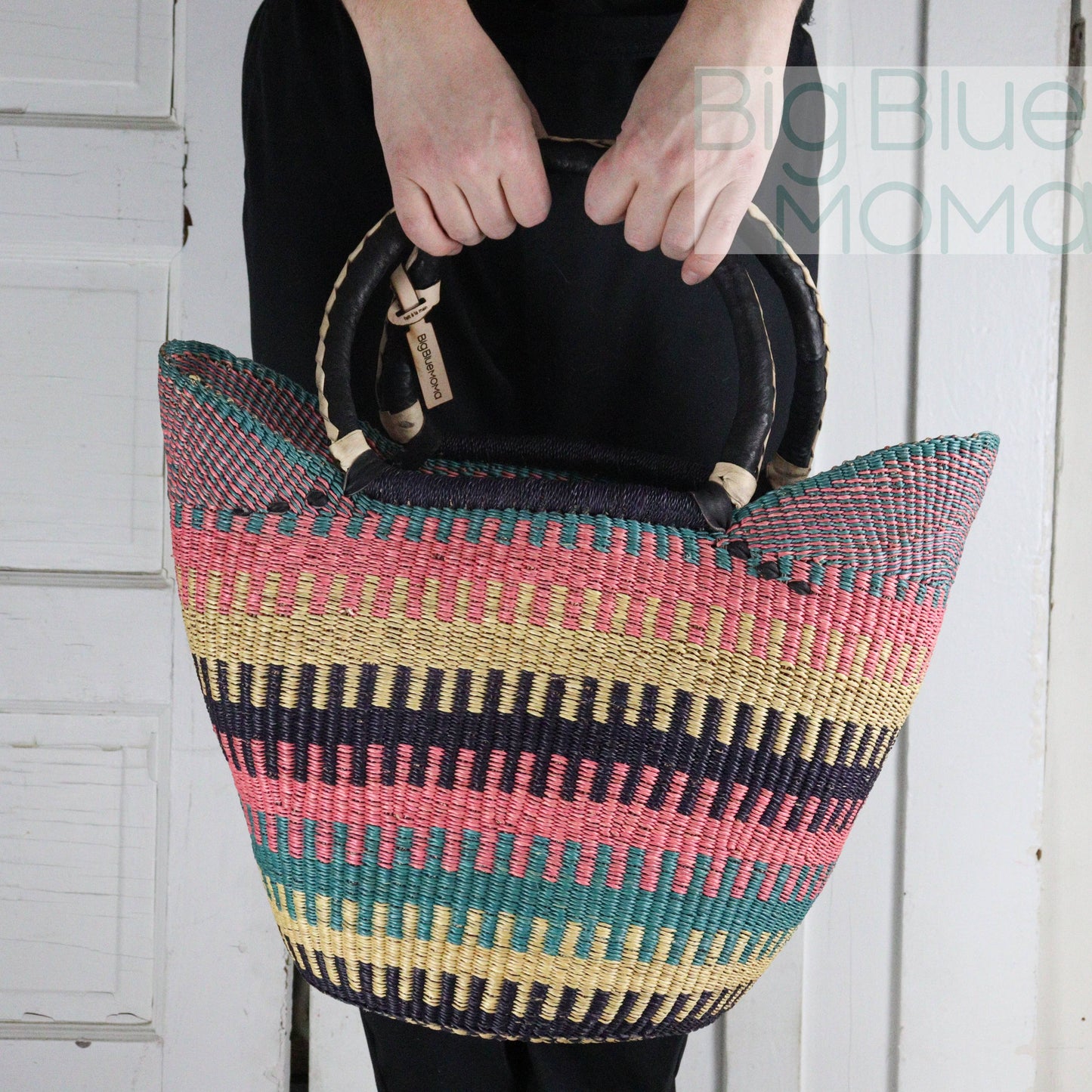 Big Blue Moma - Bolga Basket - Large U Shopper  - Traditional Palette