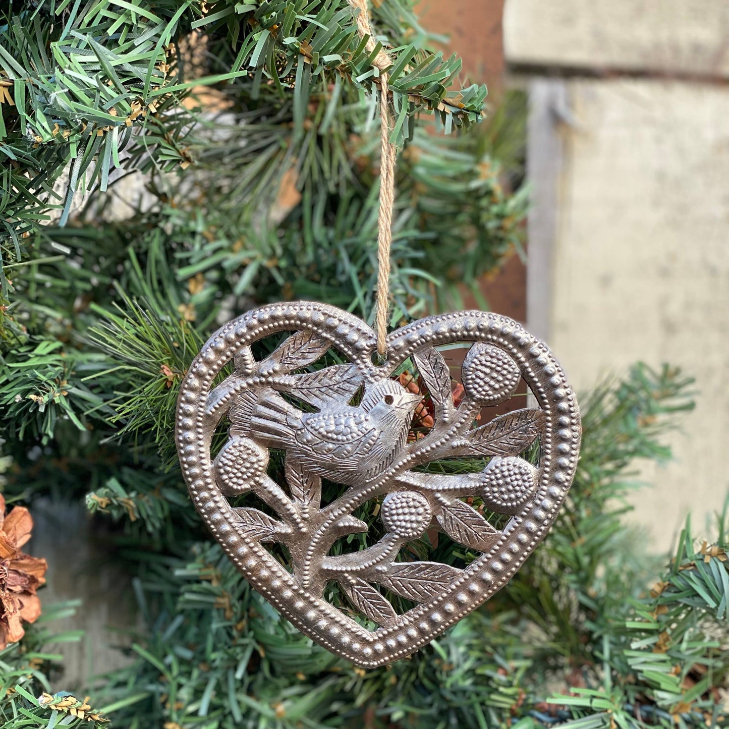 Haiti Fair Trade~ It's Cactus - Heart Shaped Bird in Branch Ornament, Metal Art Haiti 4.5"