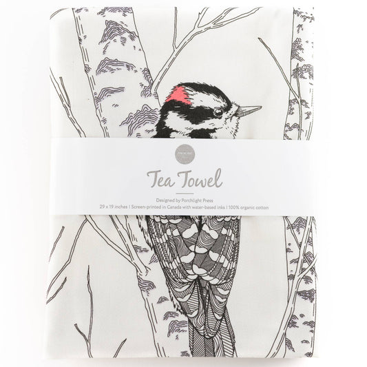 Letterpress - Downy Woodpecker Tea Towel - West Coast Birds