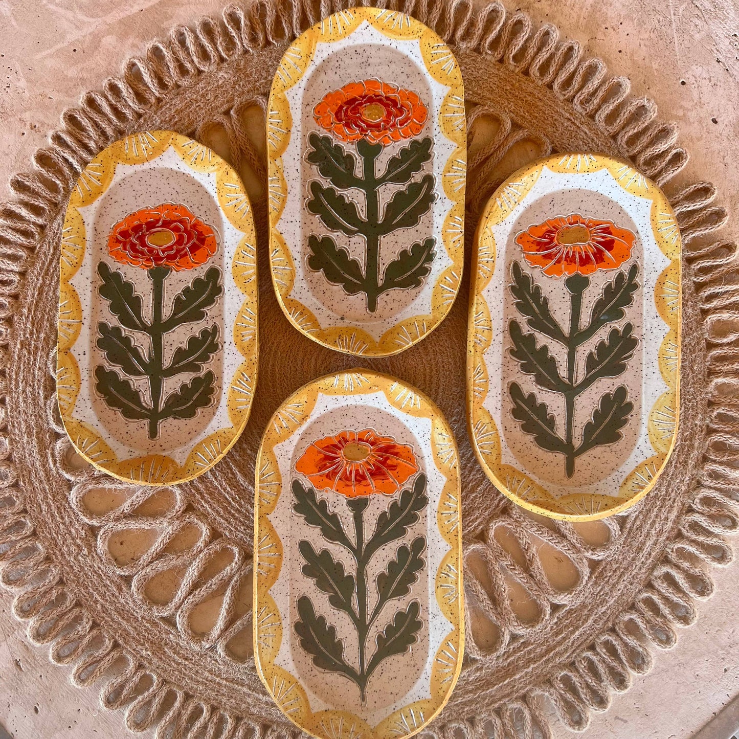Tough Kitty Designs - Goldies- Marigold ceramic sgraffito Trinket Dish
