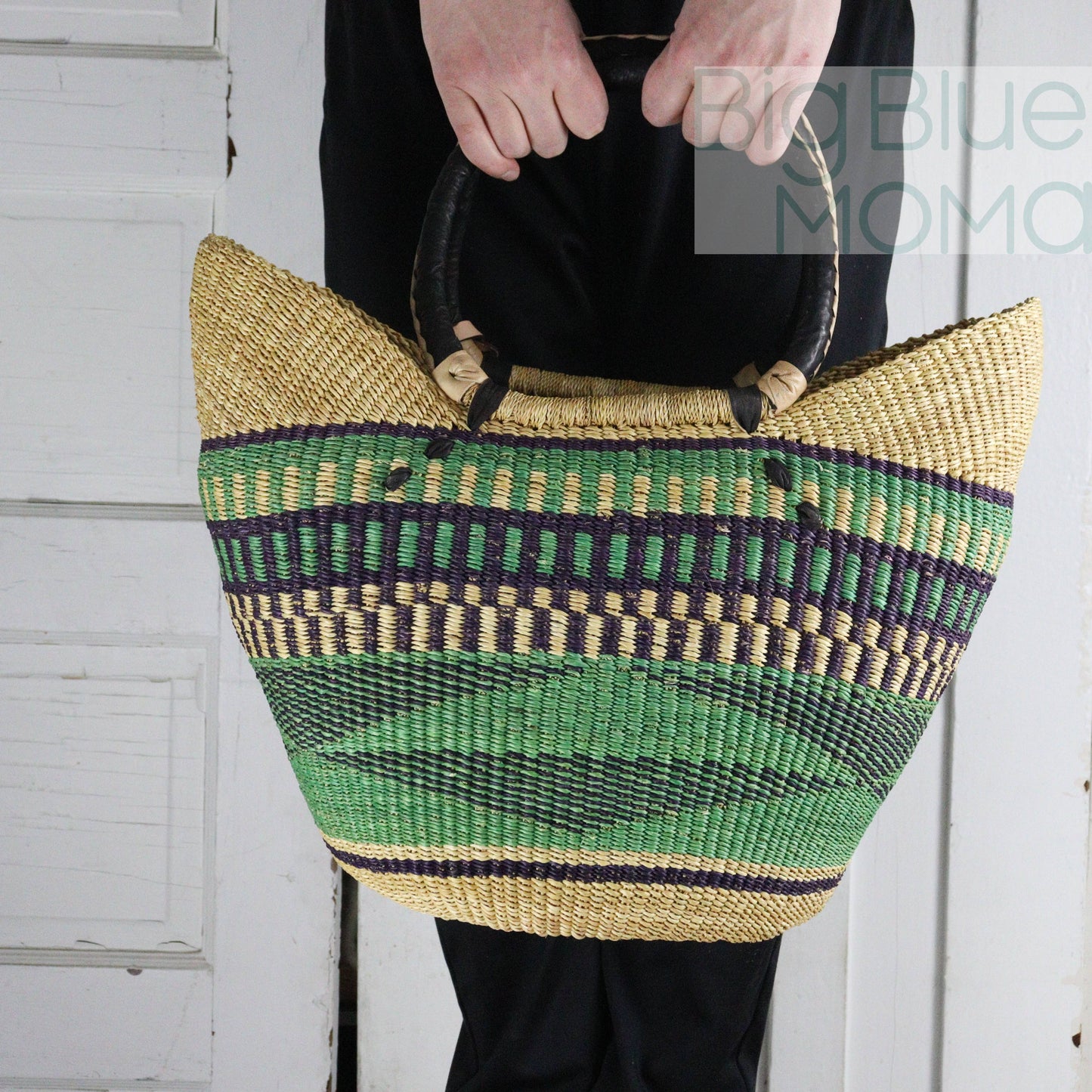 Big Blue Moma - Bolga Basket - Large U Shopper  - Traditional Palette