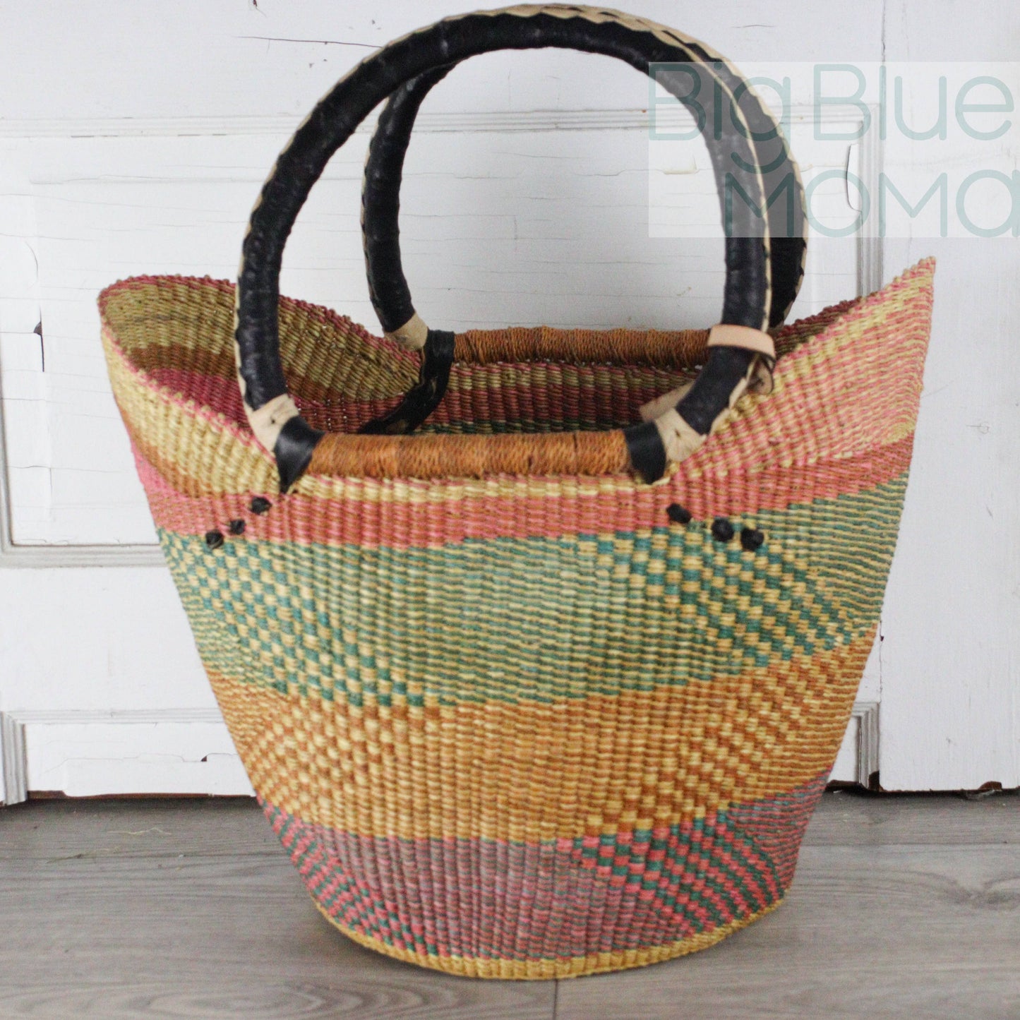 Big Blue Moma - Bolga Basket - Large U Shopper  - Traditional Palette