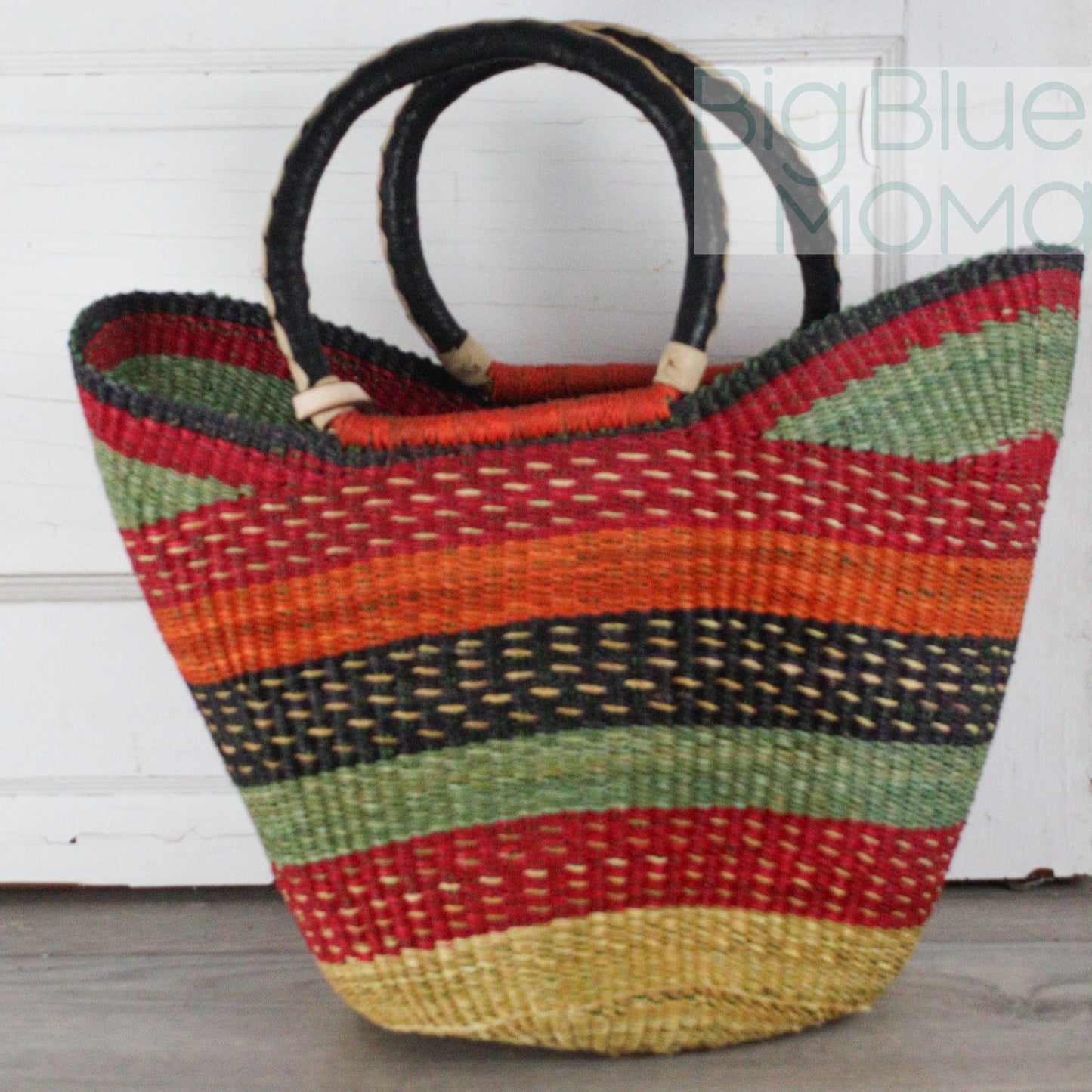 Big Blue Moma - Bolga Basket - Large U Shopper  - Traditional Palette