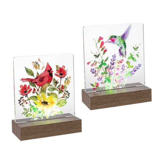 LED Light Up Cardinal & Hummingbird w/Flowers Tabletop Figurines