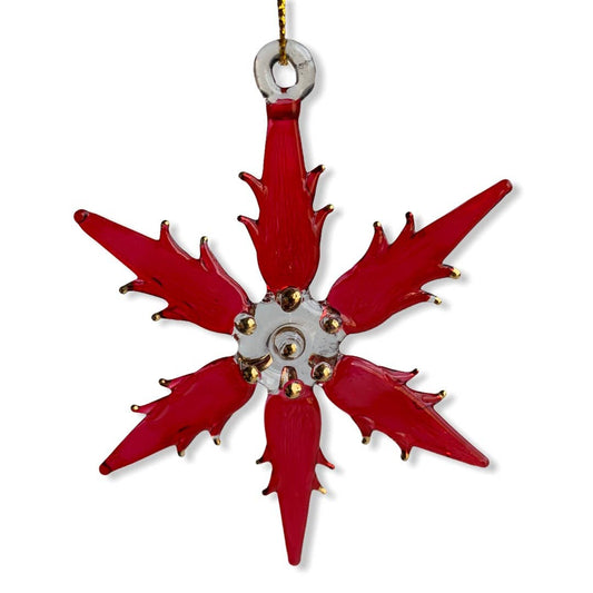Blown Glass Ornament, Snow Flake, Red